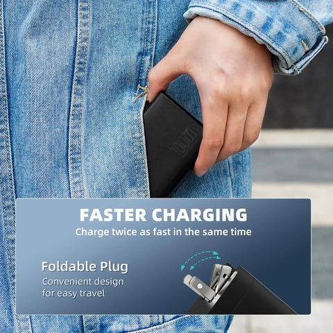 Person placing GaN 100W Battery Charger For DJI Drones With Four USB C Ports And 1M Cable into denim pocket, foldable plug visible.