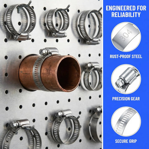 30Pcs 304 Stainless Steel Hose Clamps Set With 6-51mm Adjustable Worm Gear Clamps on a pegboard with copper pipe