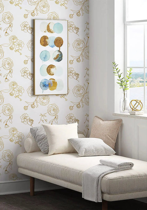 Gold And White Floral Peel And Stick Wallpaper Self Adhesive Removable Covering For Bedroom 393x17.3 Inches Vinyl Roll on wall