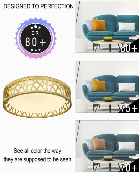 Sleek Dope 12 Inch LED Flush Mount Ceiling Light With Gold Finish and White Glass Shade, CRI 80+, living room settings