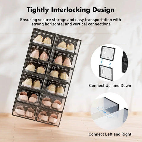 15 Pack Clear Plastic Stackable Shoe Organizer Set With Interlocking Lids For Closet Space Saving Foldable Shoe Boxes Display