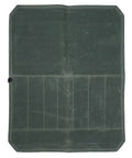 Open view of Waxed Canvas Knife Roll Bag With Seven Slots, Portable Cutlery Roll Case in green, unfolded and empty.