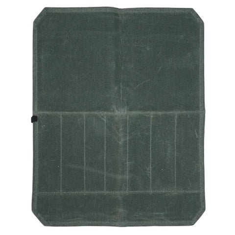 Open view of Waxed Canvas Knife Roll Bag With Seven Slots, Portable Cutlery Roll Case in green, unfolded and empty.
