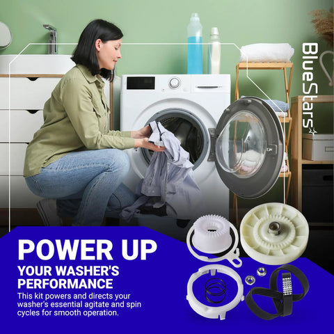 Woman doing laundry beside Washer Pulley Clutch Kit And Drive Belt For Whirlpool Kenmore Maytag 2 Piece Set