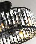 Close-up of 18 Inch Bangin Farmhouse Caged Industrial Ceiling Fan With Lights, black iron cage with crystal details and warm lighting