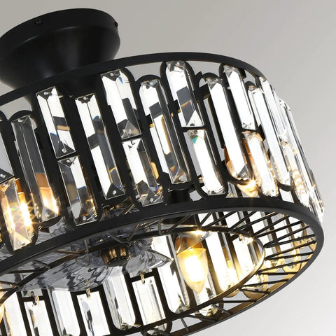 Close-up of 18 Inch Bangin Farmhouse Caged Industrial Ceiling Fan With Lights, black iron cage with crystal details and warm lighting