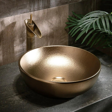 Modern Ceramic Vessel Sink with Faucet and Drain, Luxury Gold Oval Countertop Bathroom Vanity Basin with smooth finish