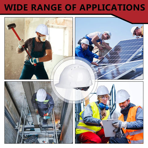 Workers wearing 20 Pack 4 Point Suspension ABS Hard Hats With Ratchet Adjustable Fit For Construction, Vented Design, Cotton Brow Pad