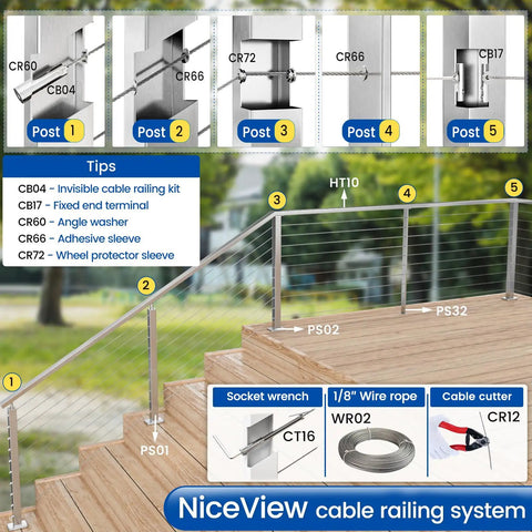 Swageless Invisible Cable Railing Kit End Fittings For One Eighth Inch Wire Rope With Metal Posts CB17 316 Stainless Steel Hardware Easy Install For A Clean Modern Deck Railing System