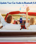 Couple in convertible using Bluetooth Car Kit With Wireless Aux Receiver For Hands Free Calling And Music Streaming Ground Loop Noise Filter