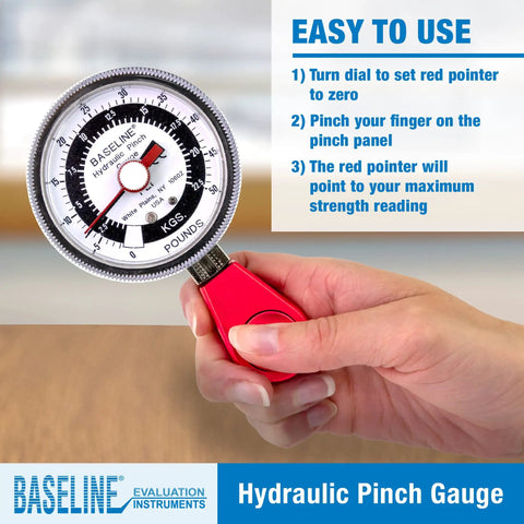 Baseline Hydraulic Pinch Gauge 50lb Capacity Hand Therapy Equipment Finger Strength Tester in hand with dial for rehabilitation use.