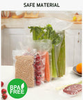 Commercial Grade Precut Vacuum Sealer Bags Set 11x16 Gallon, 8x12 Quart, 6x10 Pint BPA Free Food Vac Bags with vegetables and legumes.