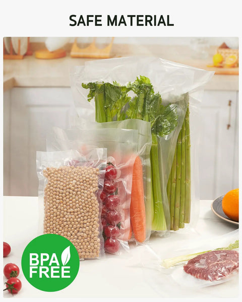 Commercial Grade Precut Vacuum Sealer Bags Set 11x16 Gallon, 8x12 Quart, 6x10 Pint BPA Free Food Vac Bags with vegetables and legumes.