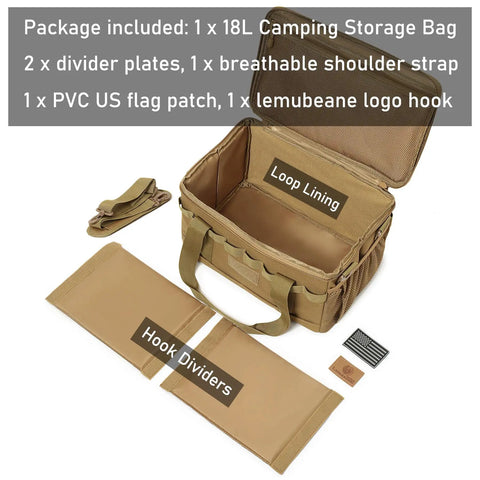 Rugged 18L Camping Storage Bag With Tactical Utility Tote Water Resistant 600D Nylon Organizer With Accessories Displayed