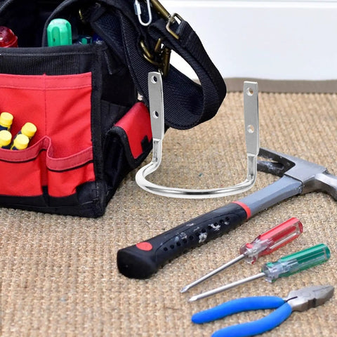 Heavy Duty Hammer Holder Wall Mount Tool Rack with Iron Hooks, 4 Pack near tool bag, hammer, and screwdrivers on carpet