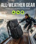 Man on sailboat using 100 Percent Waterproof Roll Top Dry Bag Backpack With Front Splash Proof Pocket, Lightweight Floating 35L Pack for kayaking.