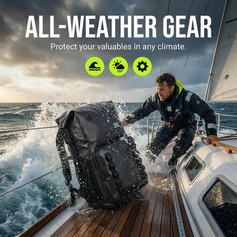 Man on sailboat using 100 Percent Waterproof Roll Top Dry Bag Backpack With Front Splash Proof Pocket, Lightweight Floating 35L Pack for kayaking.