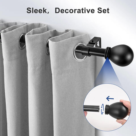 Heavy Duty Black Curtain Rod Set For Windows 45 To 48 Inches With Matte Black Lamp Style Finials shown with grey curtains
