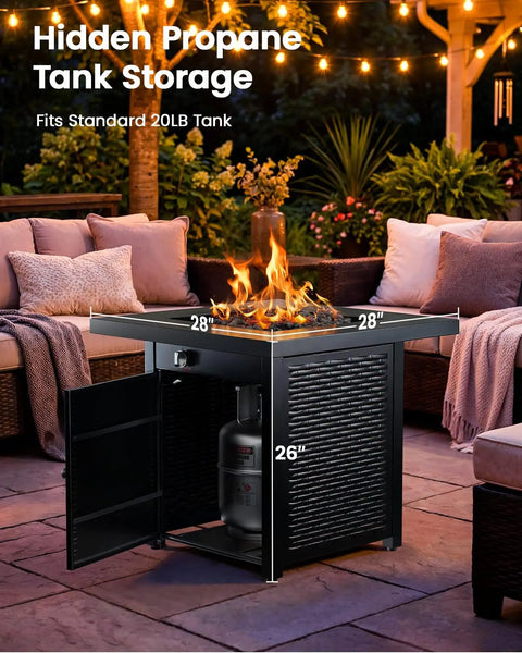 28 Inch Propane Fire Pit Table With 50,000 BTU Heat for Backyard Parties on patio with hidden propane tank storage open