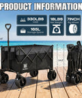 330Lbs Collapsible Folding Wagon With All Terrain Wide Wheels Front One Touch Brakes Heavy Duty Beach Wagon Cart Grocery 165L Large Capacity For Camping Garden Sports Black shown on beach