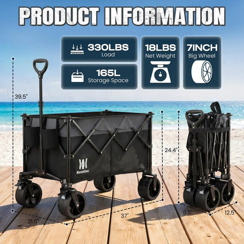 330Lbs Collapsible Folding Wagon With All Terrain Wide Wheels Front One Touch Brakes Heavy Duty Beach Wagon Cart Grocery 165L Large Capacity For Camping Garden Sports Black shown on beach