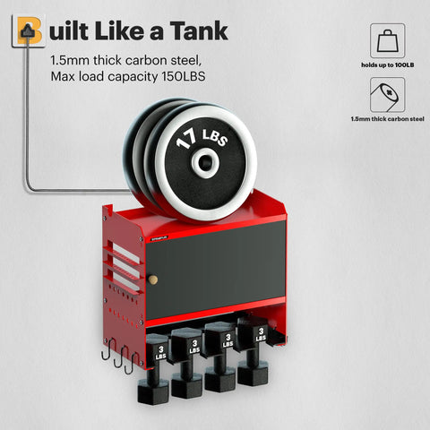 Heavy Duty Wall Mounted Power Tool Organizer With Integrated Charging Station And Six Outlet Strips, Insanely Solid Metal Garage Cabinet Keeping Your Drills Locked Tight, No-Sweat Setup Slick Gear Hub For Garage Bliss showing 1.5mm thick carbon steel, 150 lbs capacity, and weight storage system.