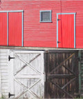 Outdoor red and white barn doors and fence gates with installed 2 Pack 8 Inch T Strap Shed Door Hinges Black Tee Hinge Wrought Iron Gate Hinges.