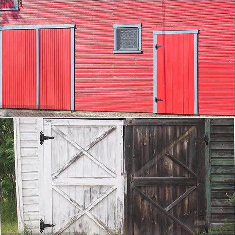 Outdoor red and white barn doors and fence gates with installed 2 Pack 8 Inch T Strap Shed Door Hinges Black Tee Hinge Wrought Iron Gate Hinges.