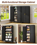 Tall Black Metal Storage Cabinet With Two Doors And Five Adjustable Shelves For Garage And Workshop, Heavy Duty Steel Tool Closet For Home Office Kitchen Pantry File Storage displayed in home office
