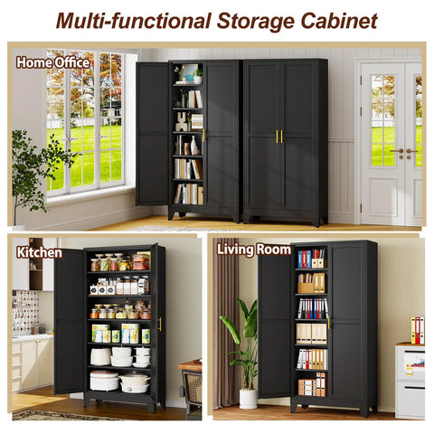 Tall Black Metal Storage Cabinet With Two Doors And Five Adjustable Shelves For Garage And Workshop, Heavy Duty Steel Tool Closet For Home Office Kitchen Pantry File Storage displayed in home office