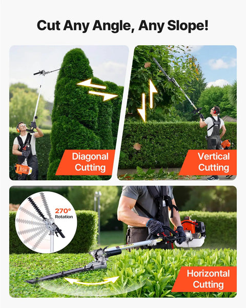 Gas Hedge Trimmer Combo with 63cc 2 Cycle Engine in use for diagonal, vertical, and horizontal hedge trimming