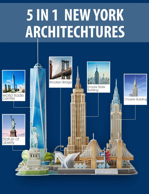 3D City Puzzle Kit For Kids 8-10: Build NYC Landmarks Like Statue Of Liberty, Brooklyn Bridge, And Chrysler Building - Epic, Challenging STEM Toy For Creative Builders And Weekend Projects. 5-in-1 New York architecture set