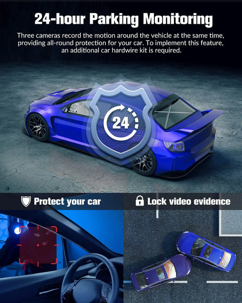 24-hour parking monitoring feature on 4K Front And 1080P Rear 3 Channel Dash Cam For Your Ride With 32GB Card.