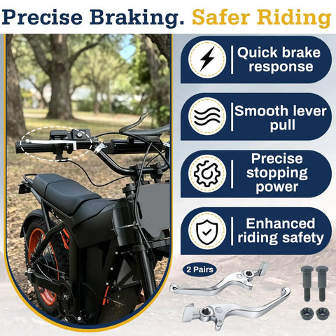 Two Pairs Left And Right Hand Brake Levers Replacement For Soleil01 Electric Dirt Bike with Foldable Axle visible on bike handlebars
