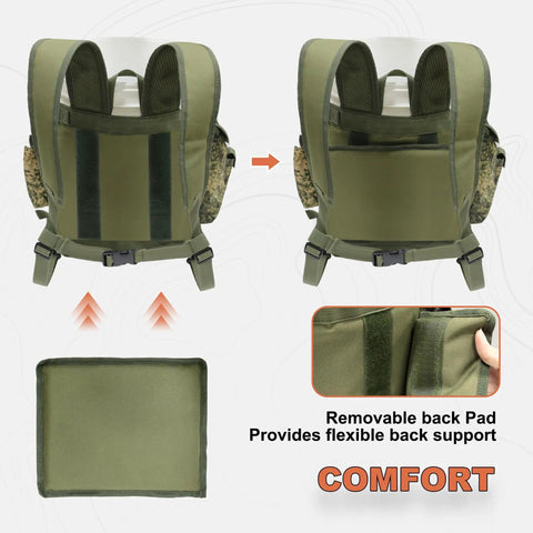 Five Gallon Bucket Backpack With Rod And Pliers Holder And Multiple Pockets For Fishing, Hunting, And Apple Picking In Camouflage, hands-free with removable back pad