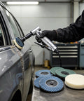 1/4 Inch Angle Air Die Grinder Badass Heavy Duty Tool With 22 Piece Quick Change Sanding Kit in use on car panel.