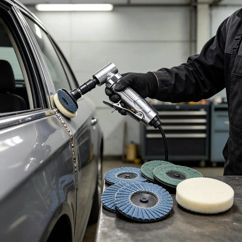 1/4 Inch Angle Air Die Grinder Badass Heavy Duty Tool With 22 Piece Quick Change Sanding Kit in use on car panel.