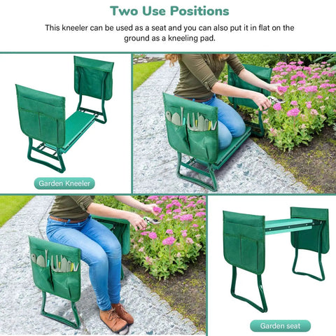 Garden Kneeler And Seat With Soft EVA Foam Pad, Foldable Kneeling Bench, 2 Tool Pouches Included, Heavy Duty Steel Frame, Green