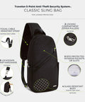 Anti Theft Sling Bag With Locking Zippers, Slash Resistant Panels, RFID Blocking Slots, Dual Cable Padded Strap, Quick Access Pockets