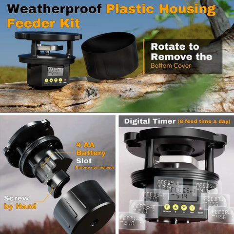 Diy Deer Feeder Kit With Digital Timer And Spinner Motor. Small Size Hunting Feeder Compatible With Buckets. Includes Adjustable Arms And Solar Port. Perfect For Chicken Or Game Feeding Outdoors In The Wild.