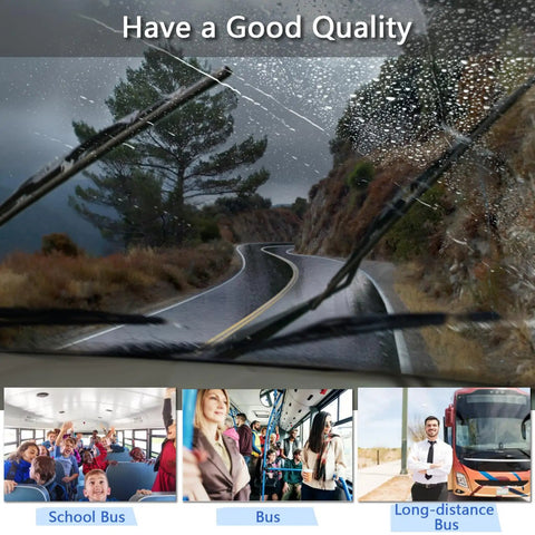 No Sweat Prep 32 Inch RV Windshield Wiper Blade Pair Crafted Tough For Motorhomes With Quick Click 9mm And 12mm J Hook Clips on rainy road.