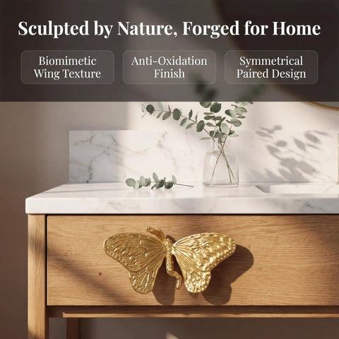 Heavy Duty Butterfly Cabinet Knobs With Slick Brushed Gold Finish For Dressers crafted from legit solid brass on a wooden drawer.