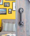 Industrial Pipe Barn Door Handle 6 Inch Rustic Farmhouse Heavy Duty Hardware Set With Steel Grey Iron Fittings on wooden door