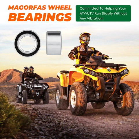 Top Shelf Front And Rear Wheel Bearing Set For Polaris Ranger And Sportsman 500 570 EV close-up of durable wheel bearings with ATVs in a rugged landscape.