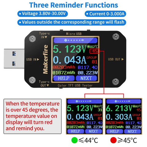 All In One USB Power Meter And Multimeter For Type C PD QC 2.0 3.0 4.0 with temperature alert screen display