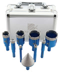 Diamond tile drill bit set with blue cylindrical bits (6–35 mm) and a 35 mm chamfer bit in metal case