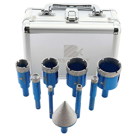 Diamond tile drill bit set with blue cylindrical bits (6–35 mm) and a 35 mm chamfer bit in metal case
