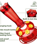 Outdoor 10 Oz Hummingbird Feeder With Ant Moat And Bee Proof Ports, Leak Proof Glass Nectar Dispenser shown with diagram features