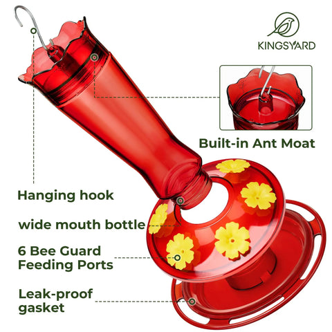 Outdoor 10 Oz Hummingbird Feeder With Ant Moat And Bee Proof Ports, Leak Proof Glass Nectar Dispenser shown with diagram features