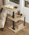 Built Tough 360 Degree Swivel C Shaped End Table With Roomy Three Tier Open Storage Rack And Heavy Duty Metal Frame Featuring Slick Oak Finish For Couch Or Bedside, featuring an open storage rack and coffee.